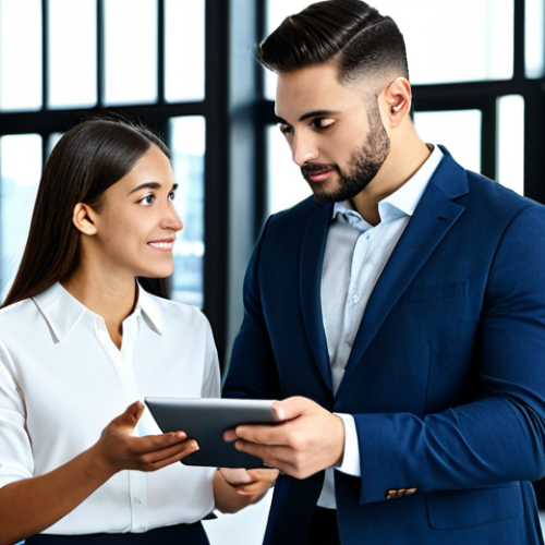 **

A professional financial advisor in a modern office setting, meeting with a young couple. The advisor is explaining a financial plan on a tablet. The couple is looking at the tablet attentively. The scene emphasizes trust and understanding. fully clothed, appropriate attire, safe for work, perfect anatomy, natural proportions, professional photography, high quality.

**