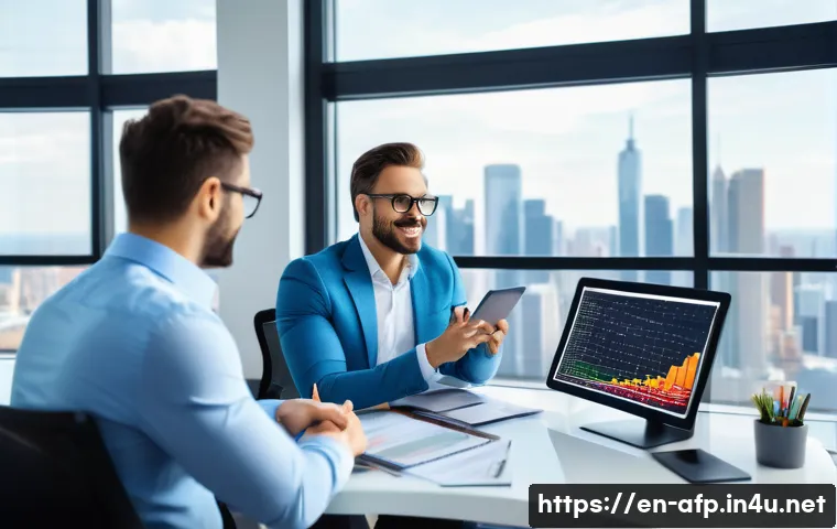 자산관리사로서 포트폴리오 관리 방법 - A professional financial advisor sitting at a modern office desk with multiple screens displaying co...