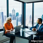 자산관리사가 추천하는 투자 전략 - A professional financial advisor sitting at a modern office desk, thoughtfully discussing investment...