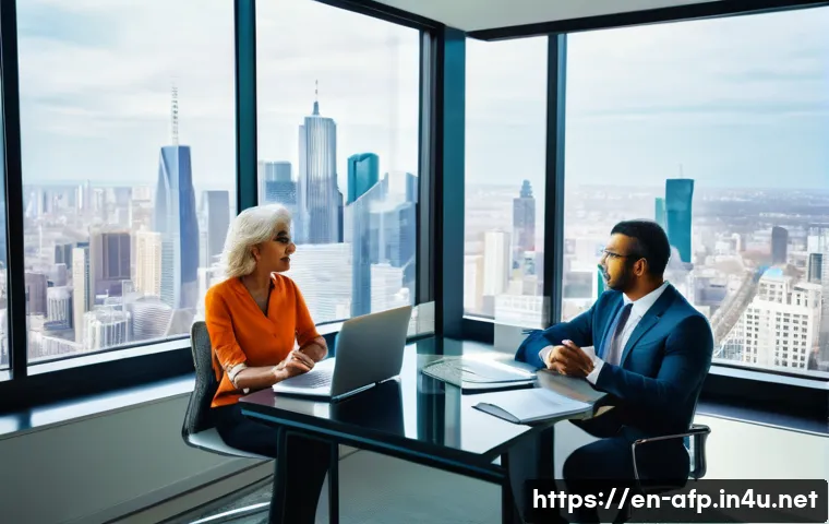 자산관리사가 추천하는 투자 전략 - A professional financial advisor sitting at a modern office desk, thoughtfully discussing investment...