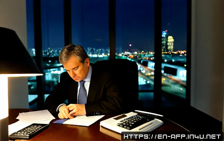 자산관리사 직업의 현실적인 단점 - Photorealistic financial advisor working alone late in a dim modern office, exhausted middle-aged pr...