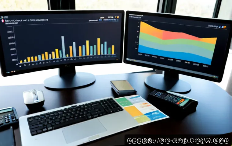 자산관리사 실무에서 자주 쓰이는 소프트웨어 - Photorealistic financial advisor at a modern U.S. office desk using dual monitors with clean abstrac...